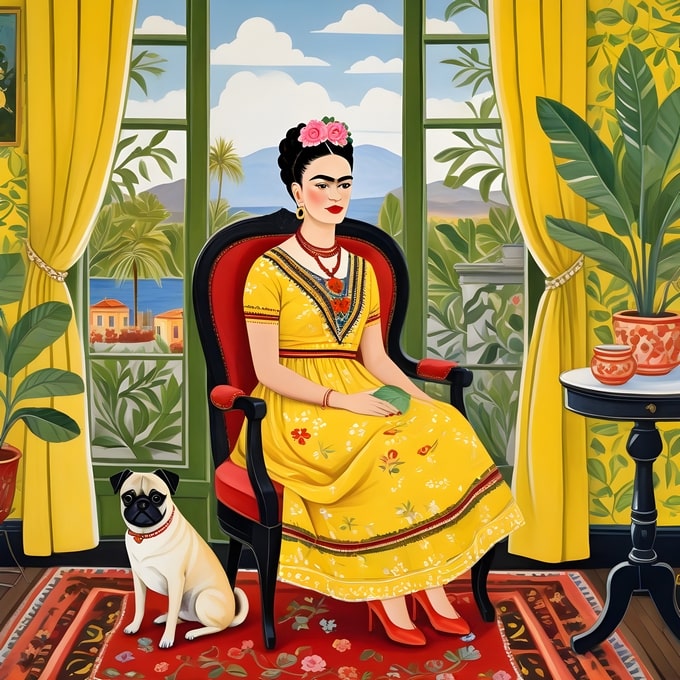 Illustrated Frida Kahlo in a yellow dress with her pug beside a seaside window