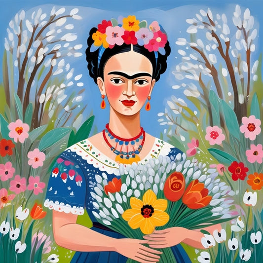 Illustrated portrait of Frida Kahlo among pussy willow branches with a spring tulip bouquet