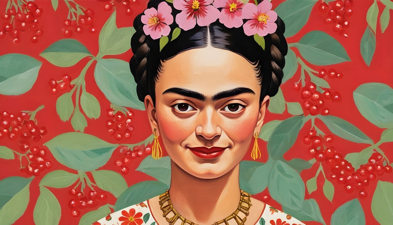 Close-up illustrated portrait of Frida Kahlo with pink flowers in her hair against red berry branches