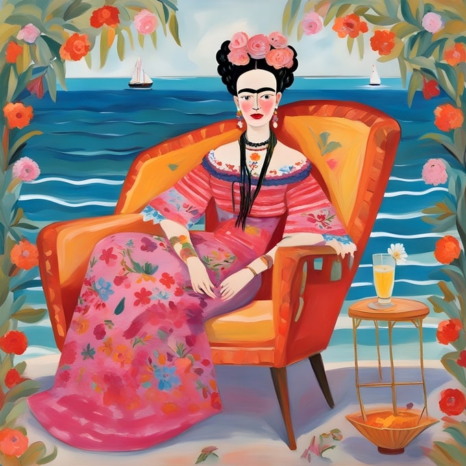 Illustrated portrait of Frida Kahlo in an orange armchair by the sea with sailboats