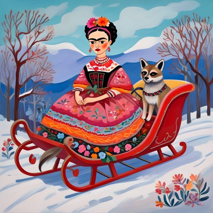 Frida Kahlo illustration riding a red sleigh with a dog through a snowy mountain landscape