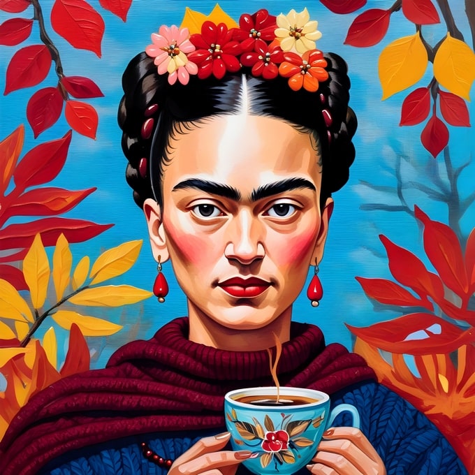 Close-up illustration of Frida Kahlo holding a steaming teacup among red and gold autumn leaves