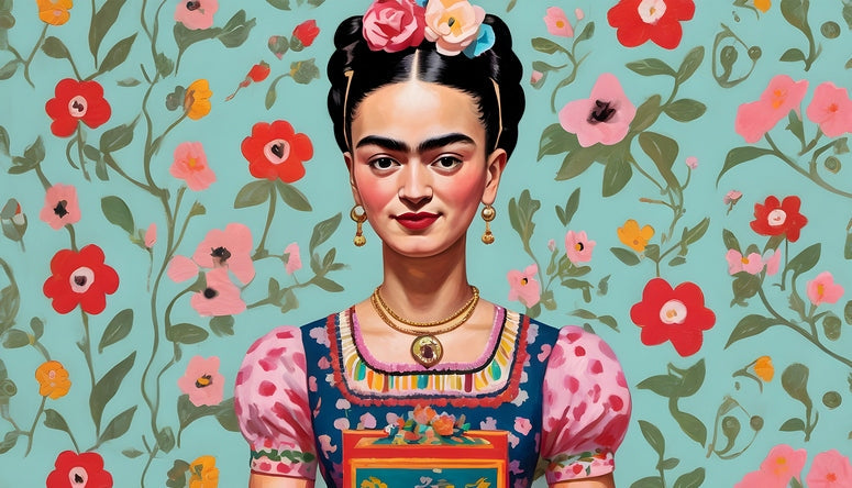 Illustrated Frida Kahlo portrait in a blue puff-sleeve dress on a teal floral background