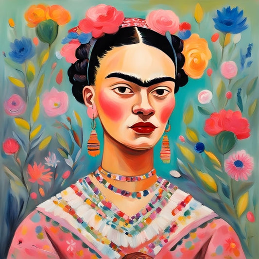 Close-up illustrated portrait of Frida Kahlo against a teal background with large roses