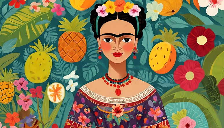 Illustrated postcard of Frida Kahlo among pineapples, palm leaves and red flowers