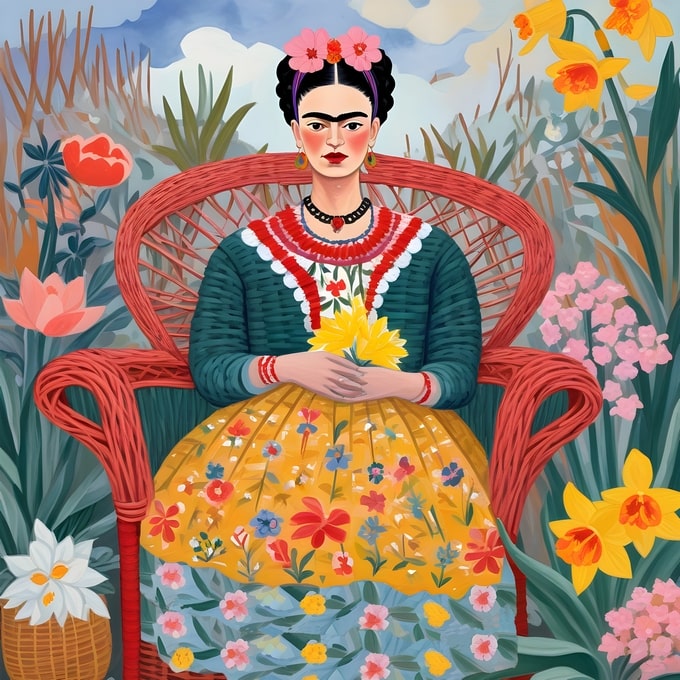 Illustrated postcard of Frida Kahlo in a red wicker chair holding yellow flowers among daffodils