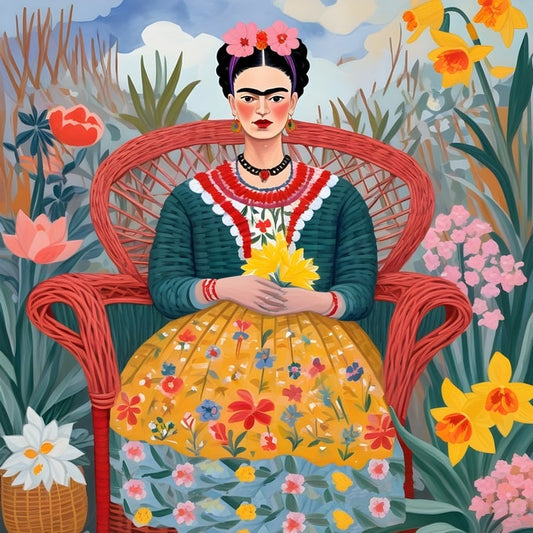 Illustrated postcard of Frida Kahlo in a red wicker chair holding yellow flowers among daffodils