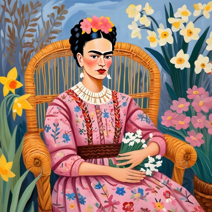Illustration of Frida Kahlo seated in a wicker chair surrounded by yellow daffodils and pink spring flowers