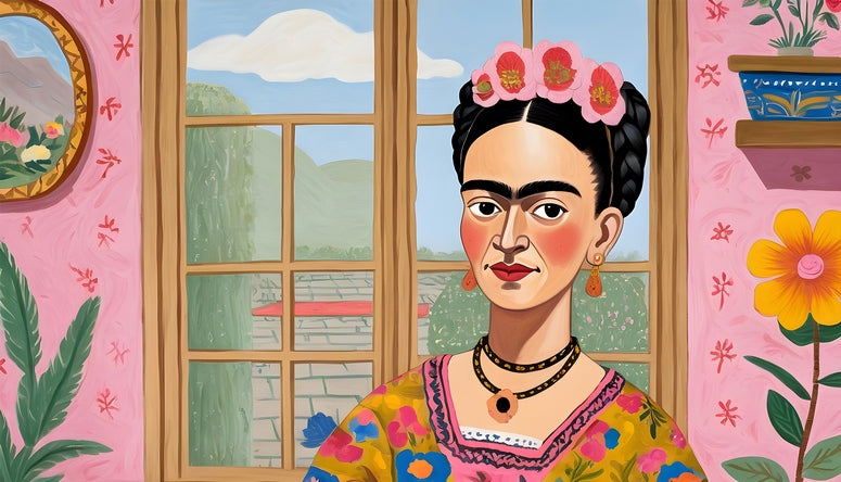 Illustrated postcard of Frida Kahlo by a window with pink wallpaper and a sunflower
