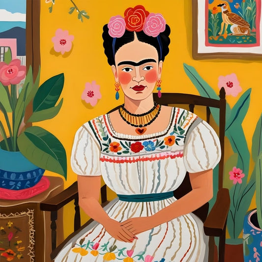 Frida Kahlo seated in a wooden chair against a yellow wall with a small bird painting nearby