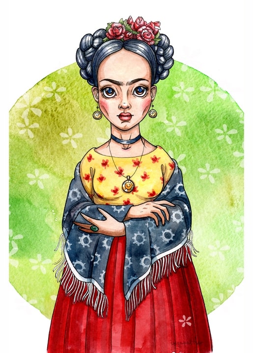 Watercolor girl with a floral crown, fringed shawl, and red skirt, Frida-inspired portrait