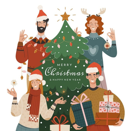 Four friends in Santa hats and antlers exchanging gifts and sparklers around a Christmas tree