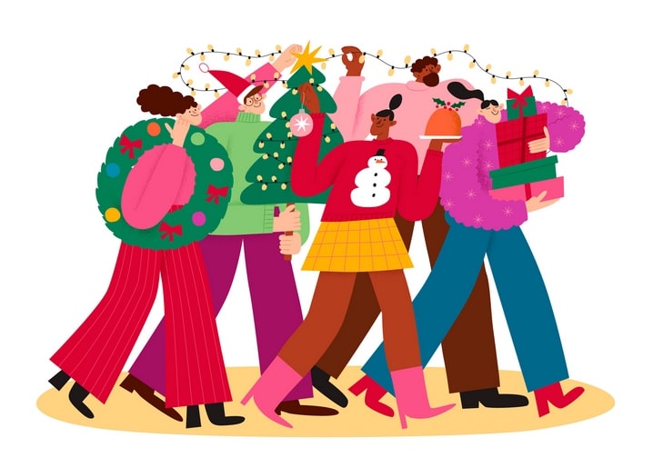 Five friends carry a Christmas tree, wreath, lights and gifts through the snow