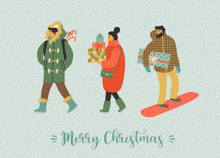 Three friends with a candy cane, wrapped gifts, and a snowboard for the holidays