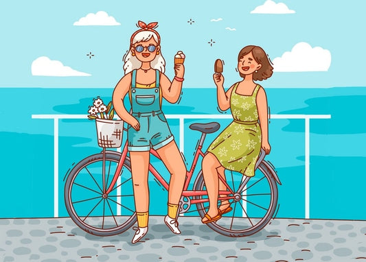 Illustrated postcard of two friends with ice cream and a flower-basket bicycle by the sea