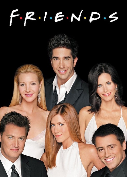 Friends Postkarte mit dem Cast-Poster: alle sechs Charaktere vor schwarzem Hintergrund