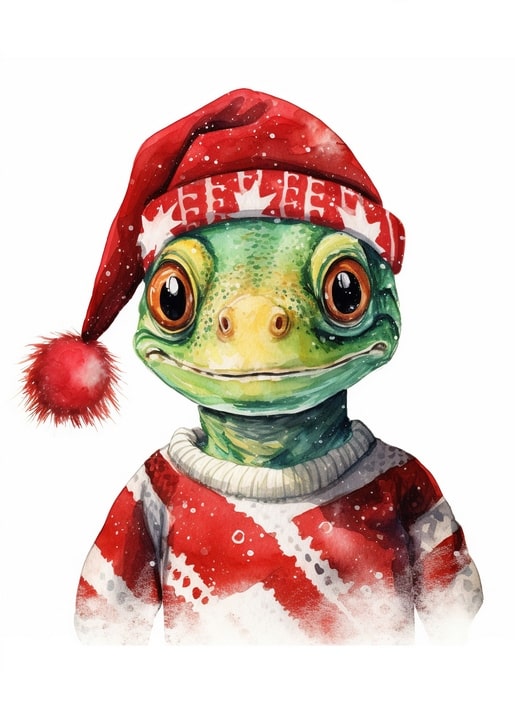 Aquarellierter Frosch mit Weihnachtsmütze und gestreiftem Pullover