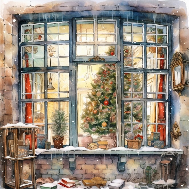 Illustration eines vereisten Fensters mit Eiszapfen und beleuchtetem Weihnachtsbaum dahinter
