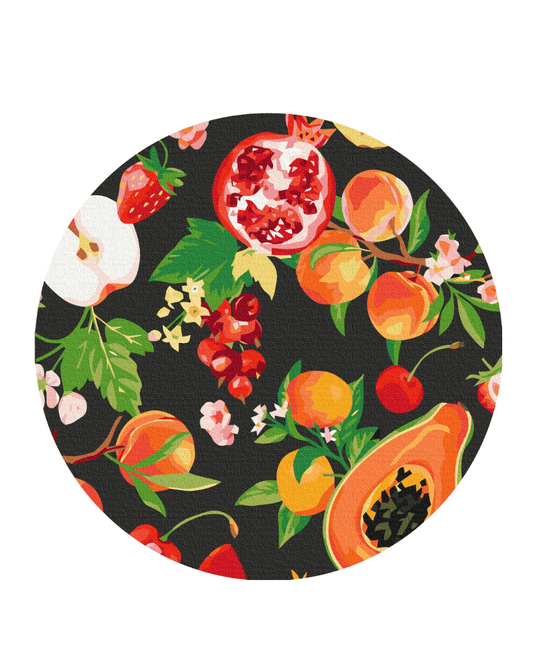 Round paint-by-numbers canvas with pomegranate, apple, strawberries, peaches, papaya and cherries on black