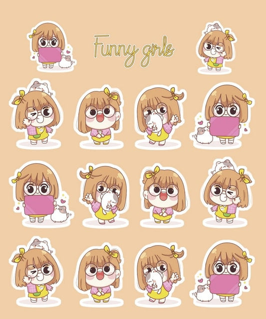 Аркуш наліпок Funny Girls #2: дівчинка в окулярах, жовтий бантик і білий кіт