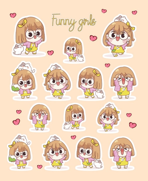 Аркуш наліпок Funny Girls #3: дівчинка в окулярах, кіт на голові й рожеві сердечка