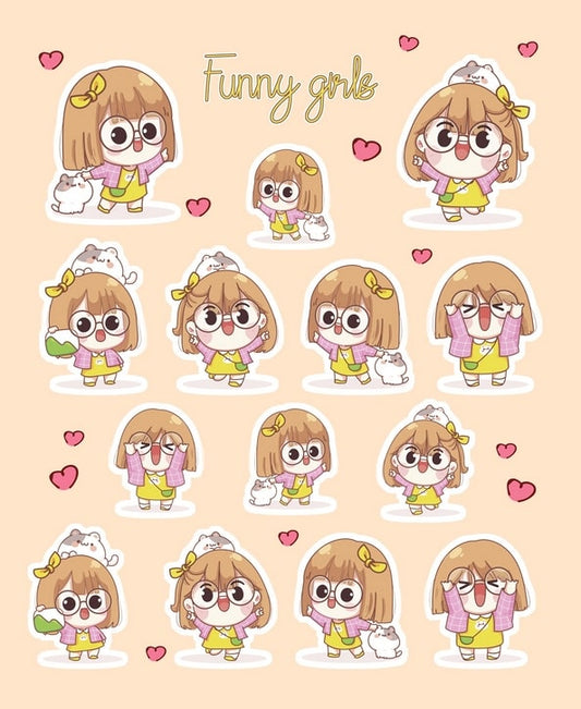 Аркуш наліпок Funny Girls #3: дівчинка в окулярах, кіт на голові й рожеві сердечка