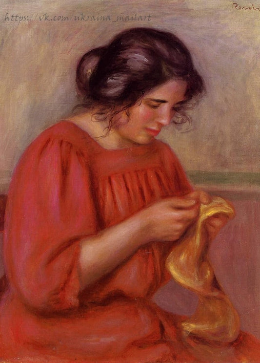 Renoir painting of Gabrielle in a red dress sewing golden-yellow fabric