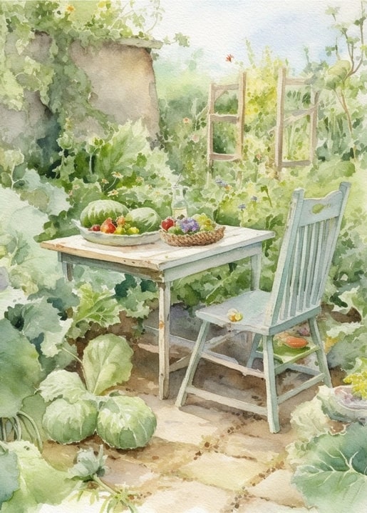Watercolor garden corner with small watermelons, a fruit basket, and a blue chair