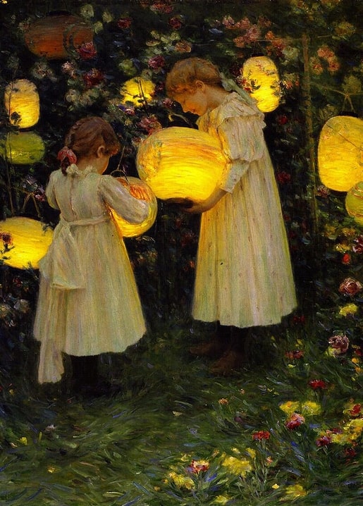 Gemälde von Charles Courtney Curran: zwei Mädchen mit Papierlaternen zwischen Rosen in der Dämmerung