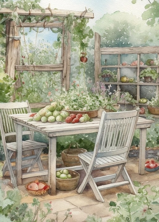 Watercolor garden table piled with apples and tomatoes beside a rustic wooden trellis