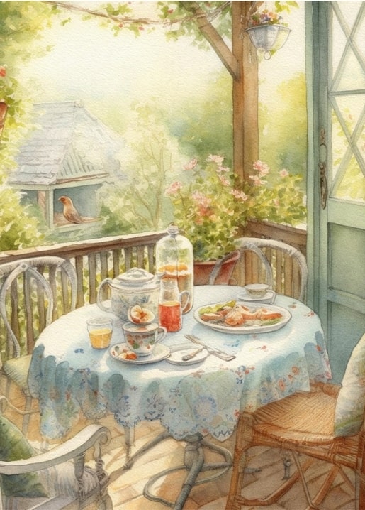 Watercolor garden veranda breakfast scene with teapot, roses, and a robin on a birdhouse