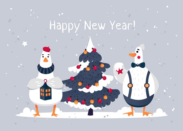 Two geese in scarves decorating a Christmas tree with a lantern and star, ‘Happy New Year!’ text