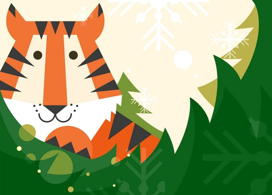 Bold geometric tiger face peeking from a snowy pine branch on green background