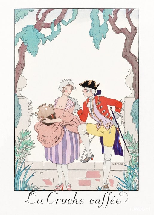 Georges Barbier Art Deco illustration of a red-coated officer courting a woman holding a jug, titled ‘La Cruche cassée’