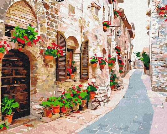 Paint-by-numbers scene of red geraniums in pots along a narrow Italian stone alley