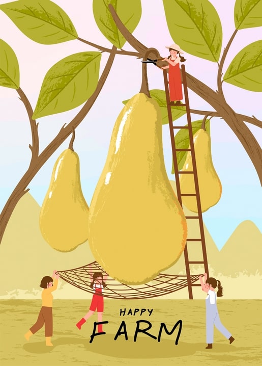Girl on a ladder cutting a giant pear while three kids catch it in a hammock