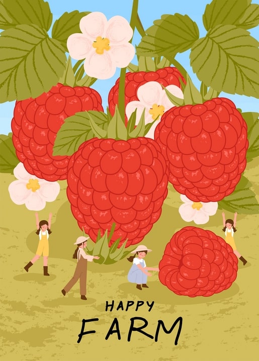 Giant raspberries and white blossoms with children reaching up from below