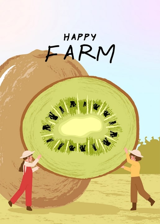 Two tiny farmers carrying a giant sliced kiwi with a whole kiwi in the background