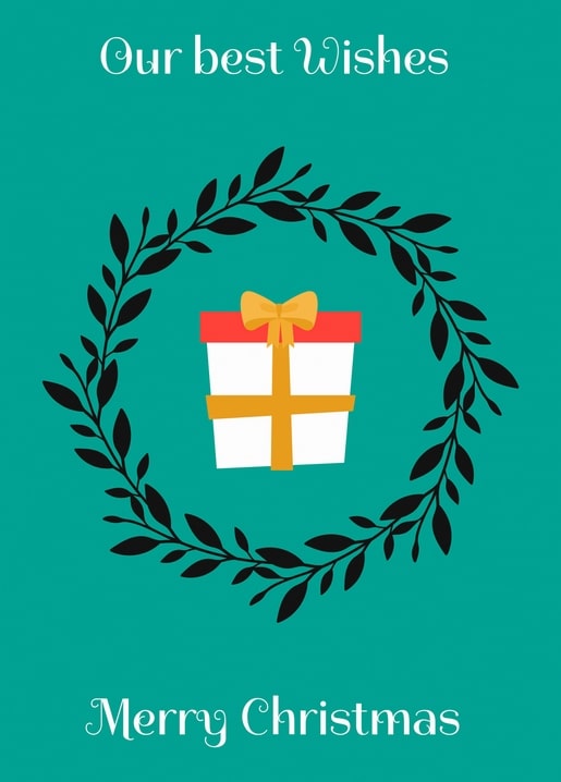 Wrapped gift box inside a black wreath on a teal background with ‘Merry Christmas’ text.
