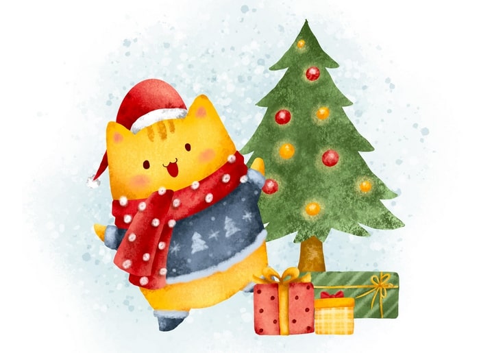 Roter Kater mit Nikolausmütze und Schal neben einem geschmückten Weihnachtsbaum mit Geschenken