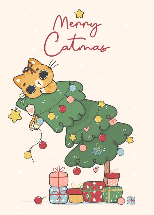 Ginger cat sprawled over a leaning Christmas tree with ornaments and gifts below