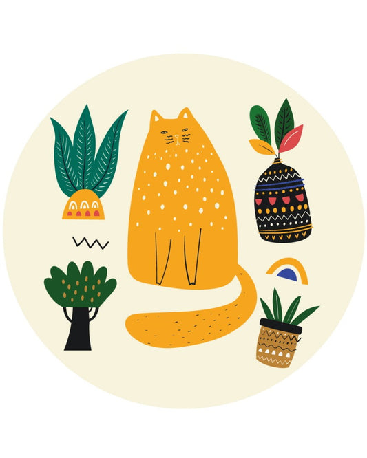 Ginger cat sitting among potted plants and a patterned vase, round paint-by-numbers size L