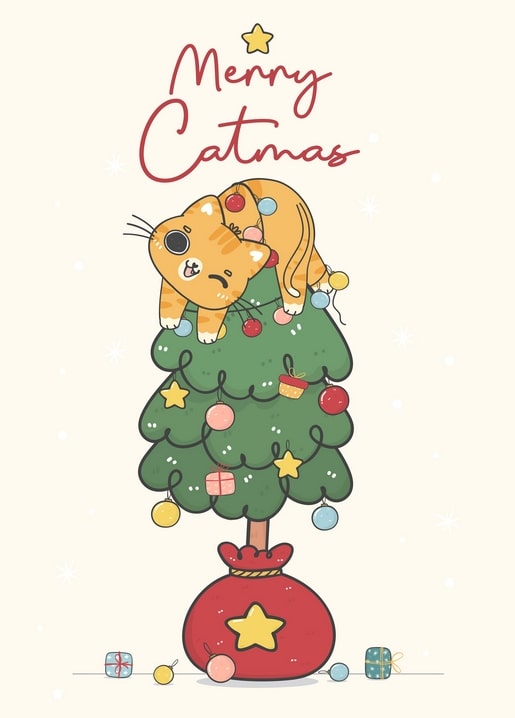 Ginger cat perched on top of a decorated Christmas tree standing in a red sack with a star