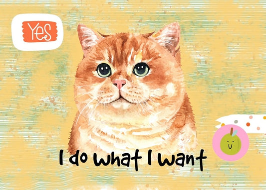 Porträt einer roten Katze auf senfgelbem Hintergrund mit „Yes“-Stempel und Apfel-Sticker