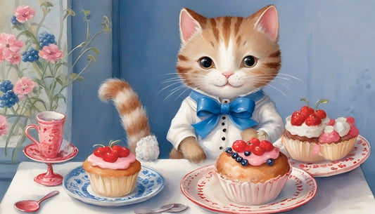 Ginger tabby kitten in a blue bow tie sitting at a table with cherry cupcakes and tea