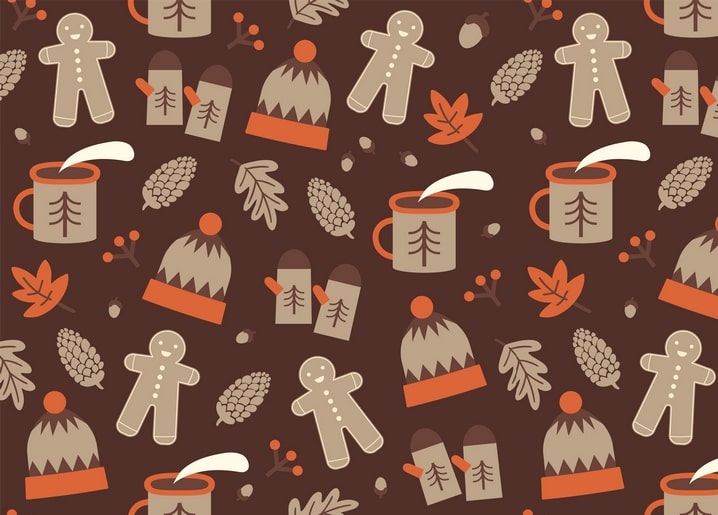 Seamless pattern of gingerbread men, cocoa mugs, knit hats, and mittens on brown