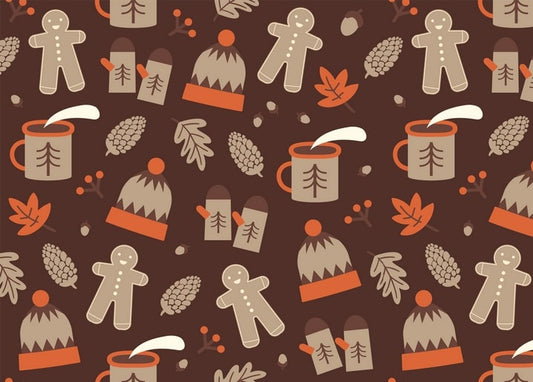 Seamless pattern of gingerbread men, cocoa mugs, knit hats, and mittens on brown