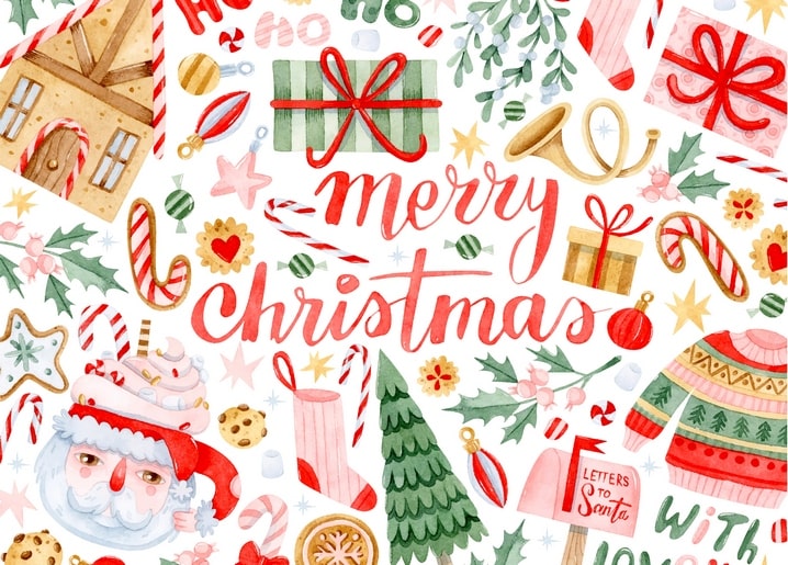 Watercolor Christmas collage with gingerbread house, gifts, candy canes and Santa's face