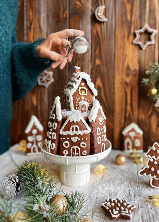 Hand bestäubt ein Lebkuchenhaus mit Puderzucker, umgeben von Sternkeksen