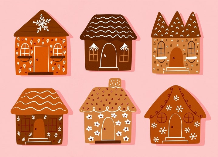 Six gingerbread houses in cocoa and cream tones on a pink background, each with different icing details.